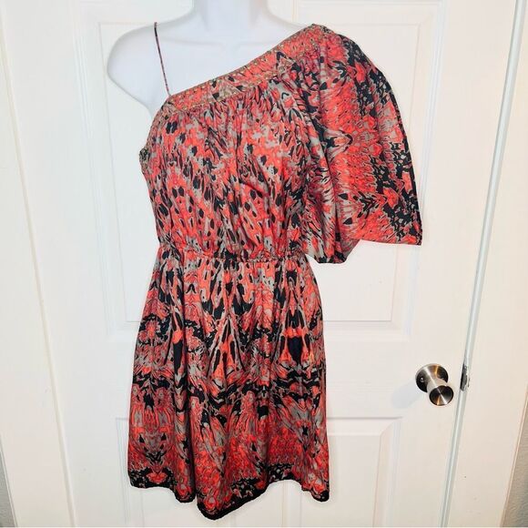 Angie One Shoulder Mini Dress Split Sleeve Feather Print Metal Bead Red Black S - Picture 5 of 10